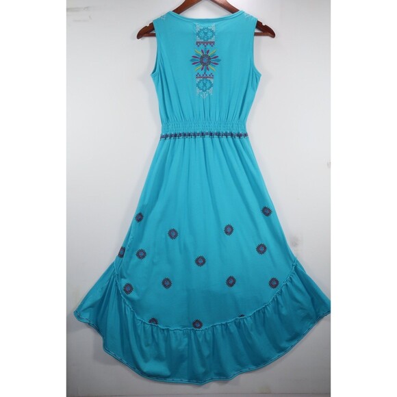 Johnny Was JWLA Embroidered Turquoise Maxi Dress Cotton Tank Aztec Size Small - Picture 9 of 14
